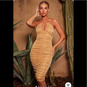 Oh polly Ruched Keyhole Midi Dress in Gold